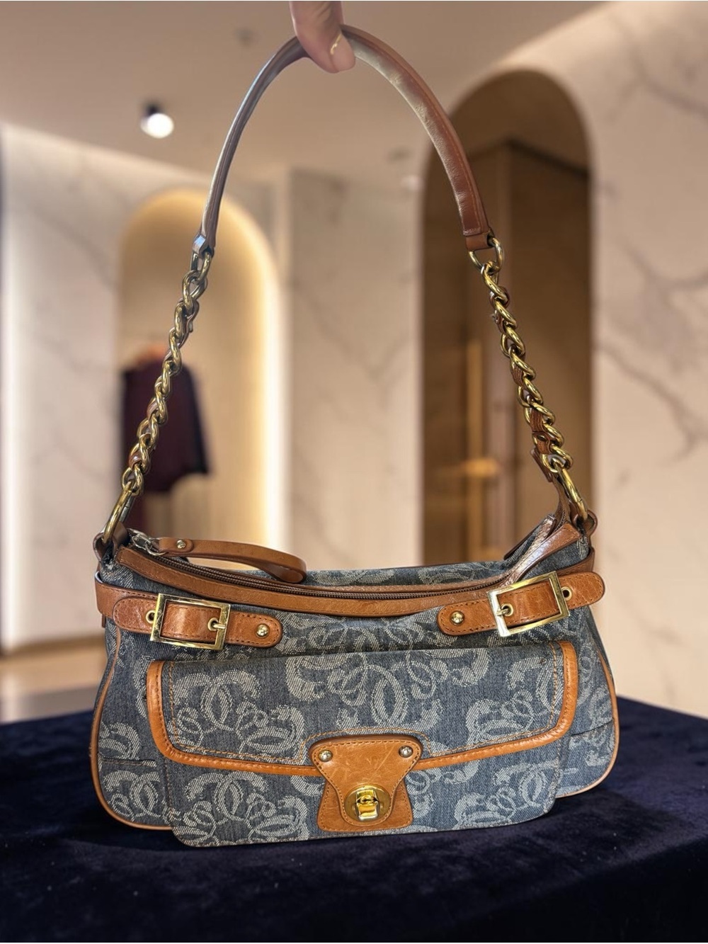Sharif Denim Jacquard Shoulder Bag with Brown Leather Trim Y2K